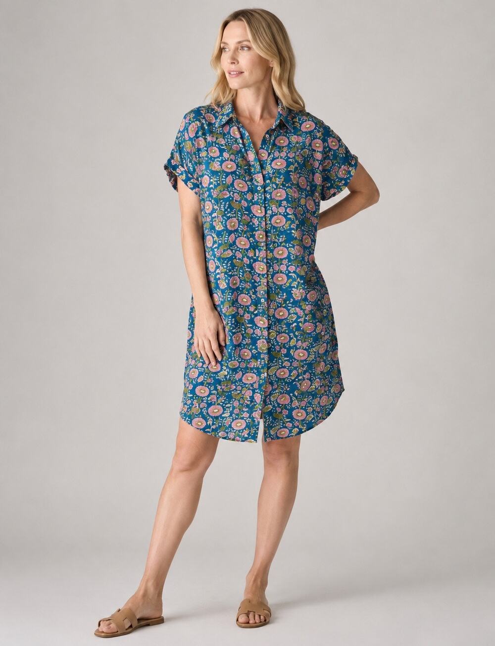 Natural Life Georgia Floral Shirt Dress Blue Pink Boho Button Front Pockets XL